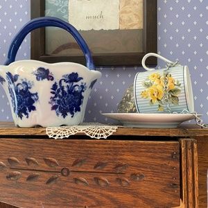 Tea cup bird feeder and beautiful pottery basket